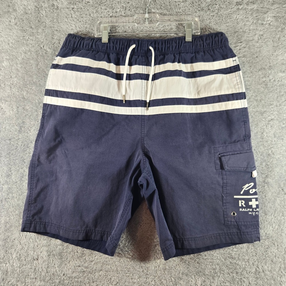 Polo Ralph Lauren Mens Swim Trunks Medium Navy Blue White Stripe Cargo Shorts